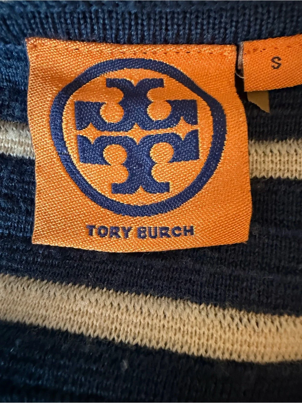 Tory Burch Navy and Cream Merino Wool Striped Knit Double-Breasted Jacket